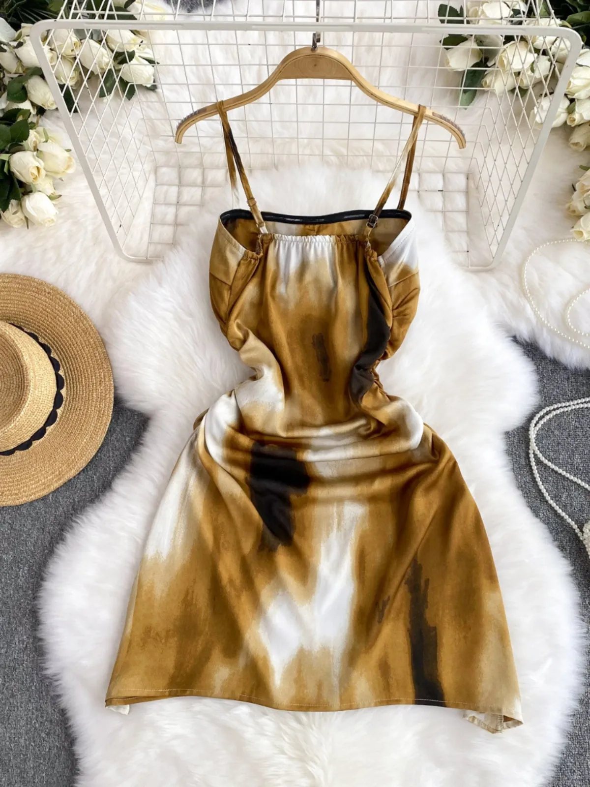 Bold Abstract Gold Silk Slip Dress