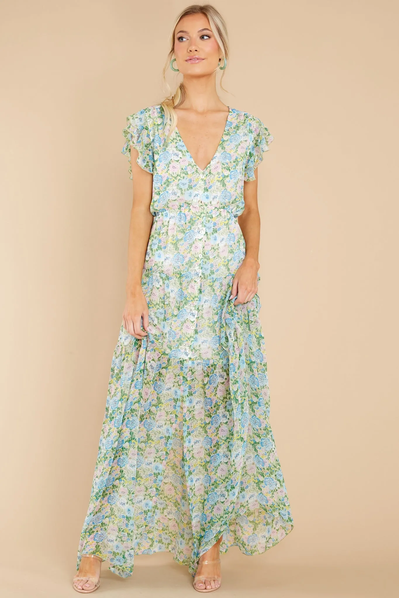 Bouquet Of Happy Green Floral Print Maxi Dress