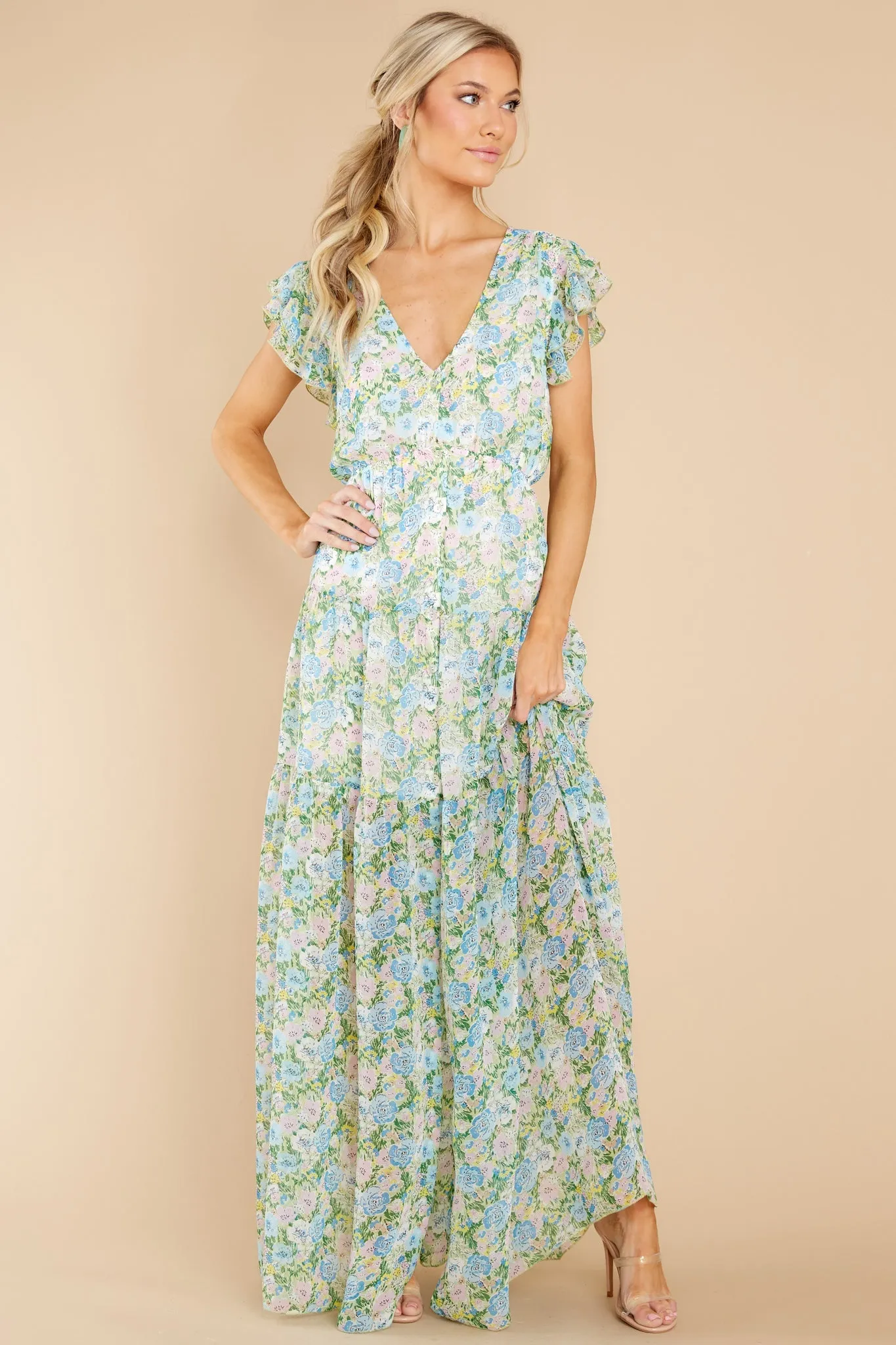 Bouquet Of Happy Green Floral Print Maxi Dress