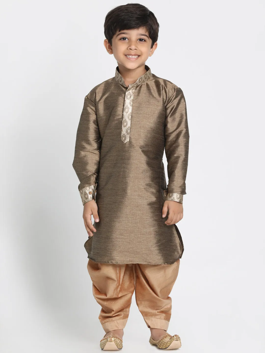 Boy's Gold Silk Blend Jacket, Kurta And Dhoti Set - JBN Creation