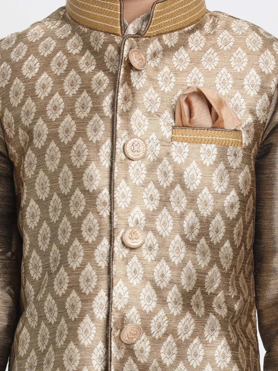 Boy's Gold Silk Blend Jacket, Kurta And Dhoti Set - JBN Creation