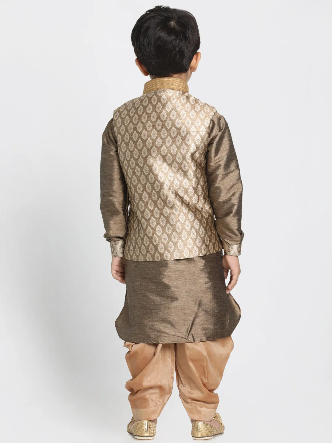 Boy's Gold Silk Blend Jacket, Kurta And Dhoti Set - JBN Creation