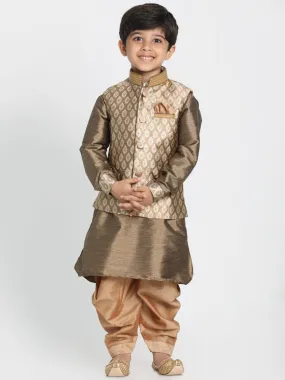 Boy's Gold Silk Blend Jacket, Kurta And Dhoti Set - JBN Creation