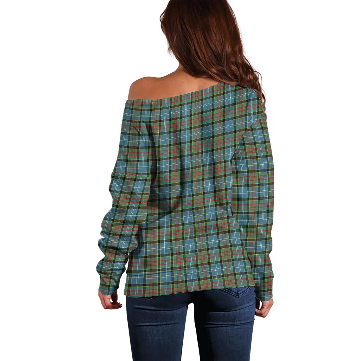 Brisbane Tartan Off Shoulder Women Sweater with Family Crest