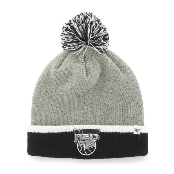 Brooklyn Nets 47 Brand Gray Black Baraka Retro 1990 Cuff Poofball Beanie Hat Cap