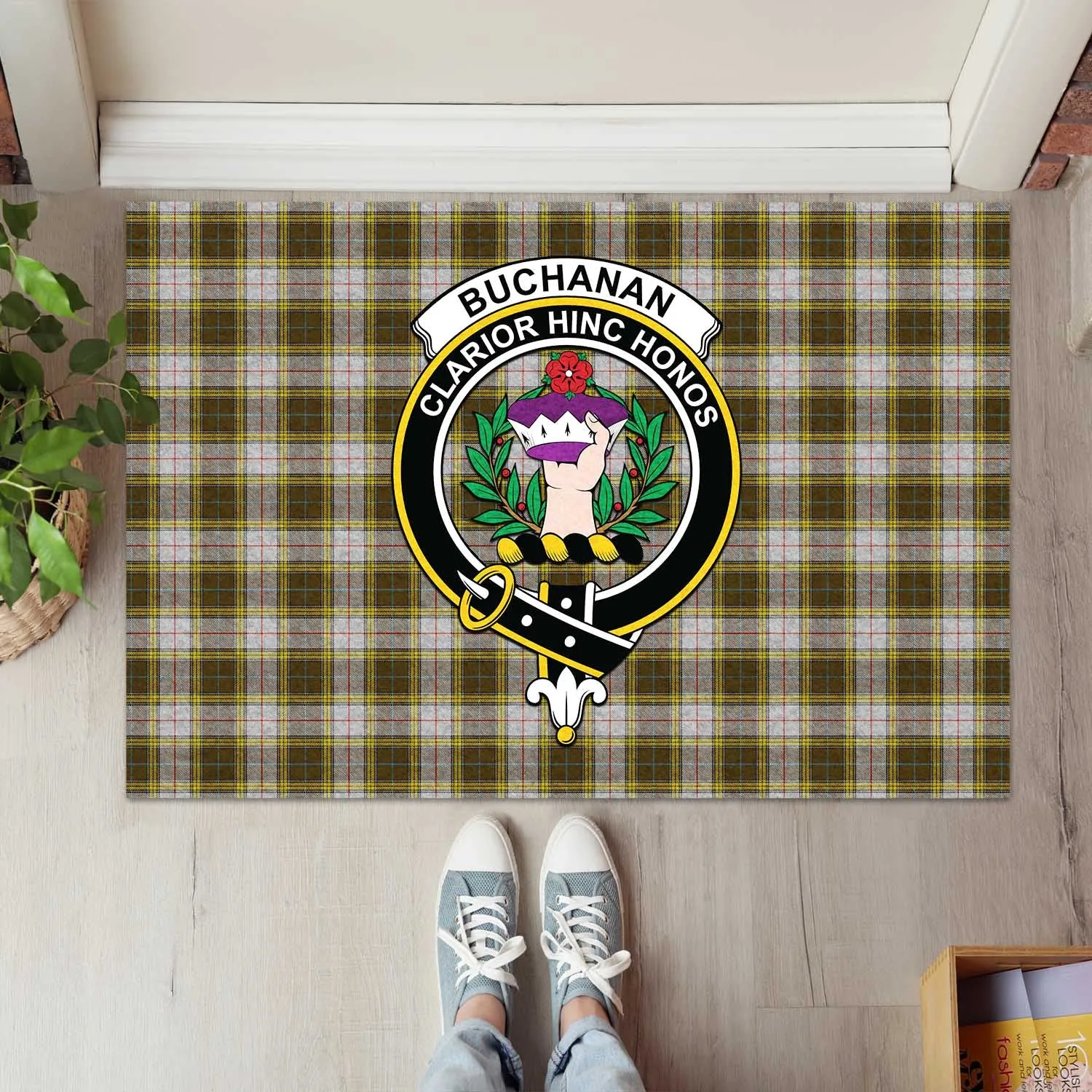 Buchanan Dress Tartan Door Mat with Family Crest