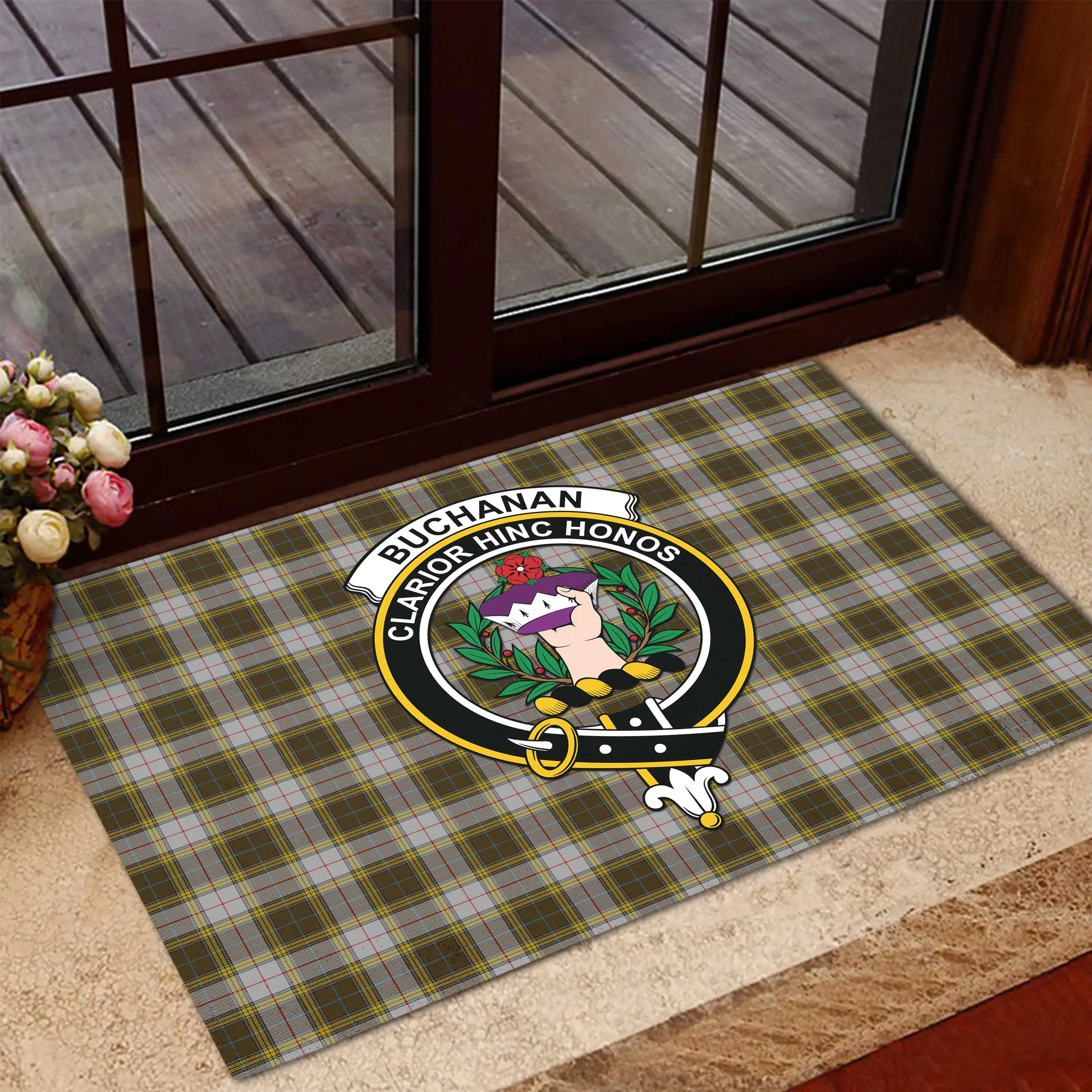 Buchanan Dress Tartan Door Mat with Family Crest