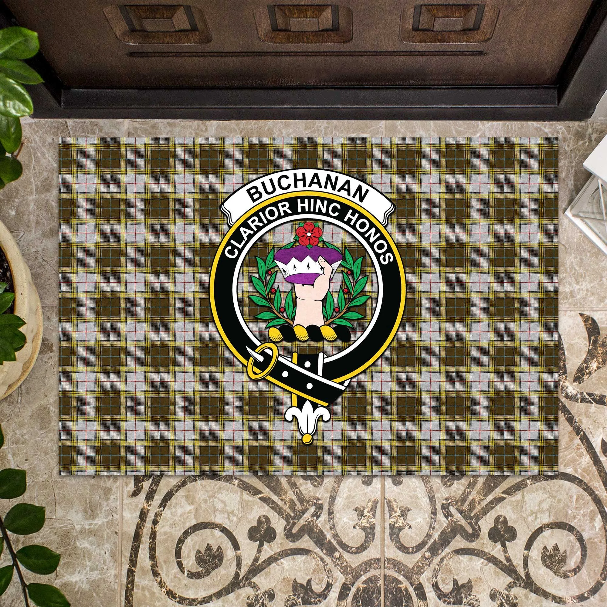 Buchanan Dress Tartan Door Mat with Family Crest