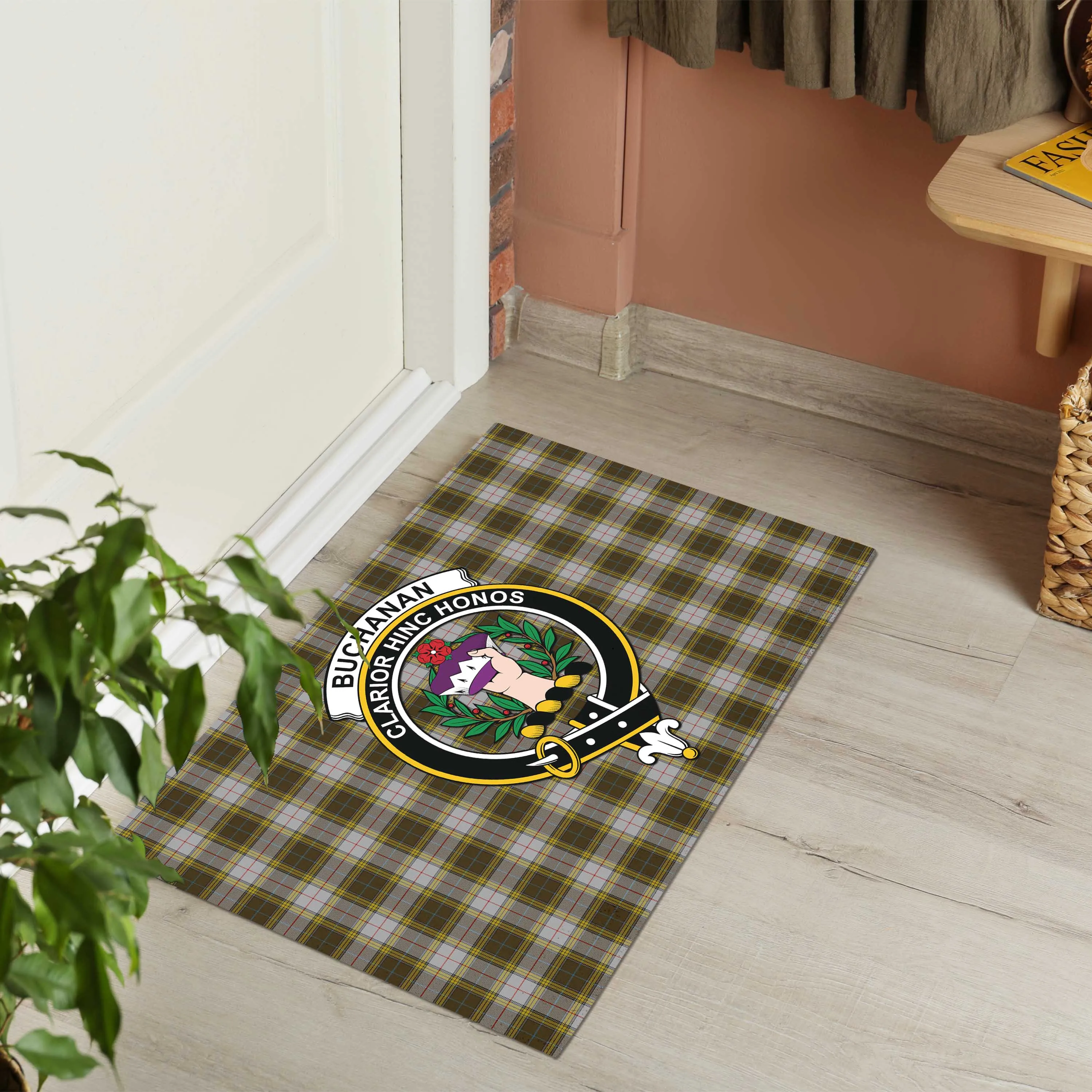 Buchanan Dress Tartan Door Mat with Family Crest