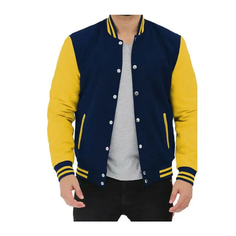 Buy Best Quality Navy Blue and Yellow Baseball Style Letterman High School Varsity Jacket For Sale