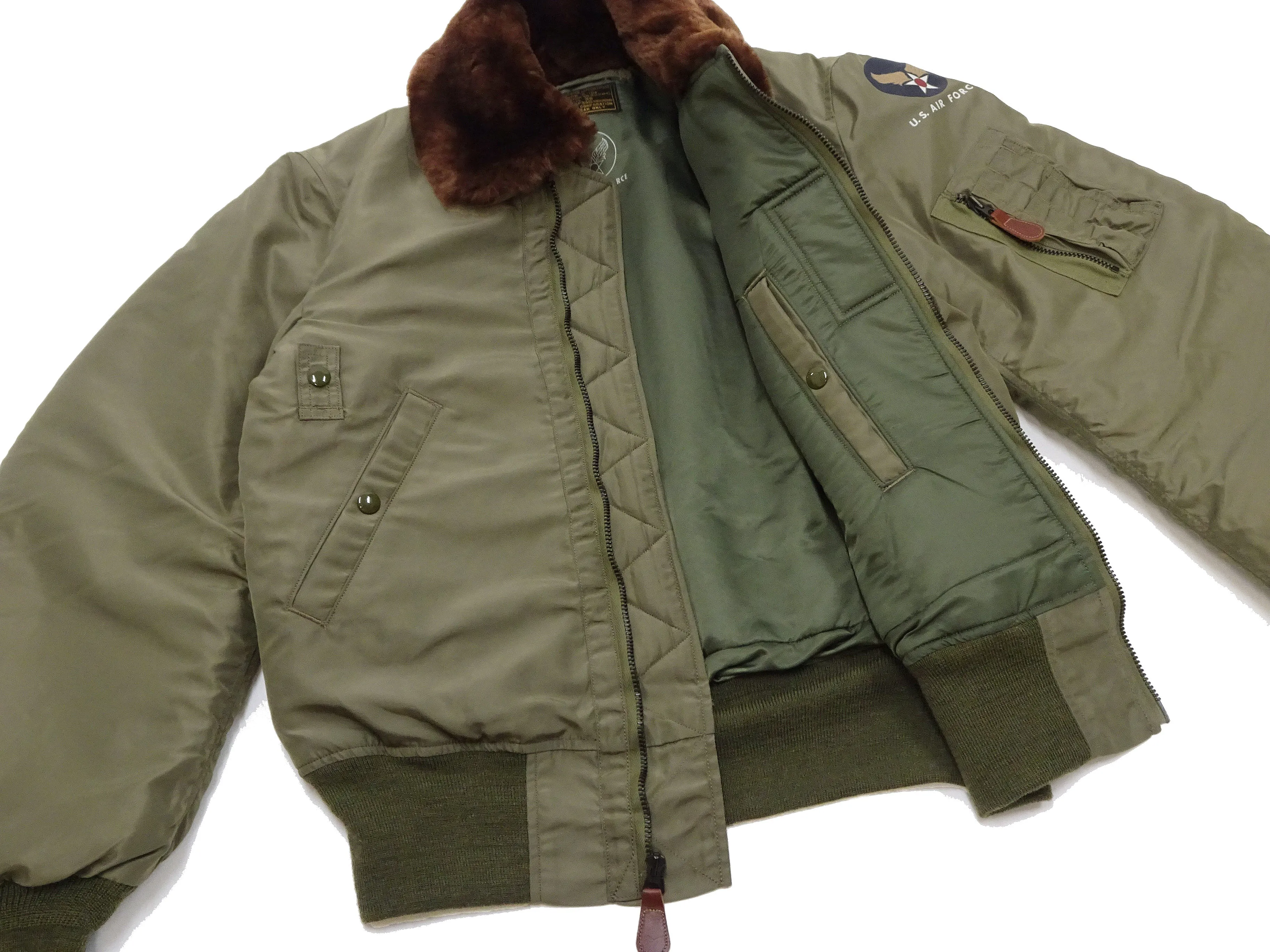 Buzz Rickson Jacket BR15566 Men's USAF B-15B Flight Jacket B15B Bomber Jacket with Mouton Fur Collar Olive