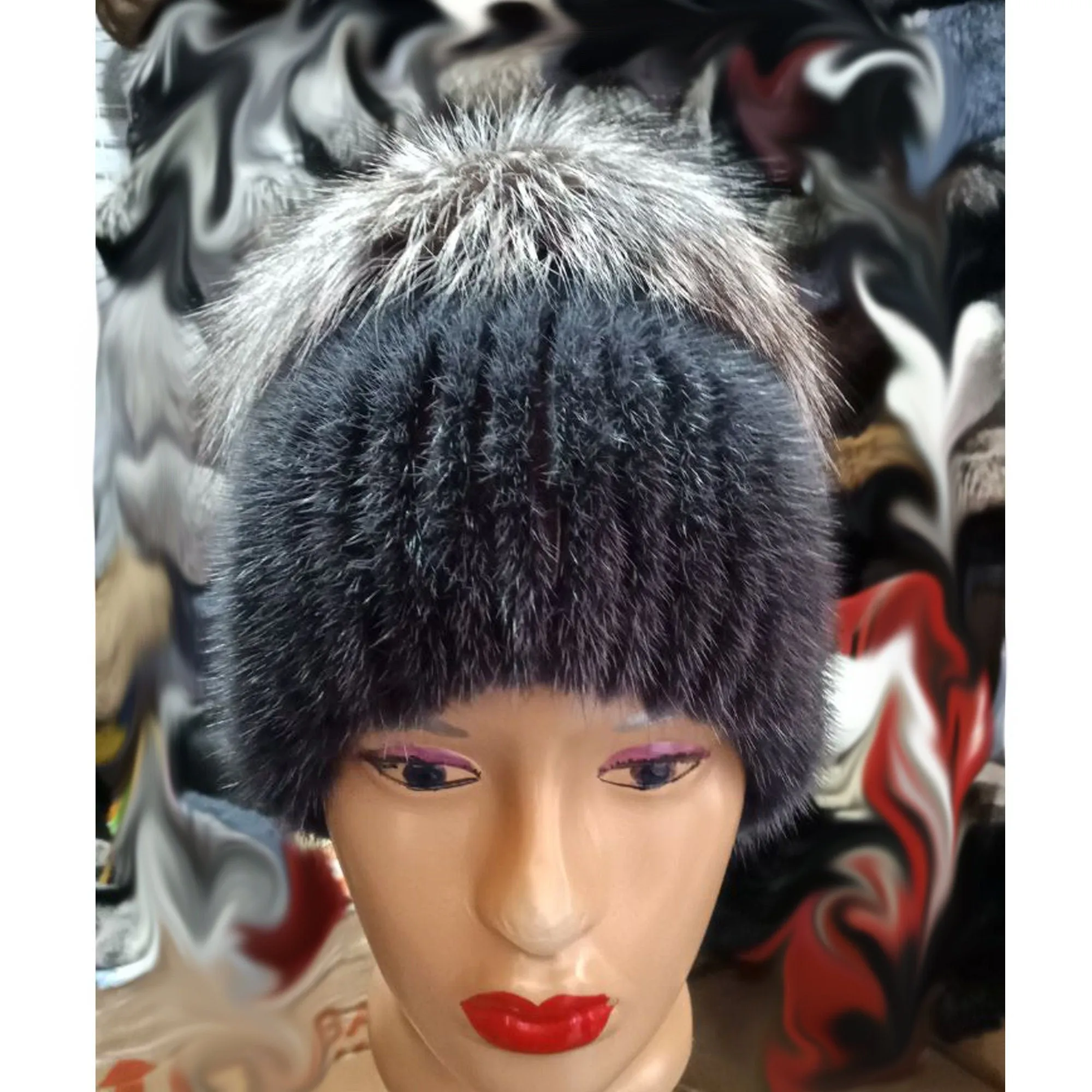 BY ORDER Women Mink and Silver fox Fur Hat, Mink Fur Hat, Stretchy Mink Fur hat, Double color Knit Fur Hat, Mink Fur Hat Large Pom Pom, Girl