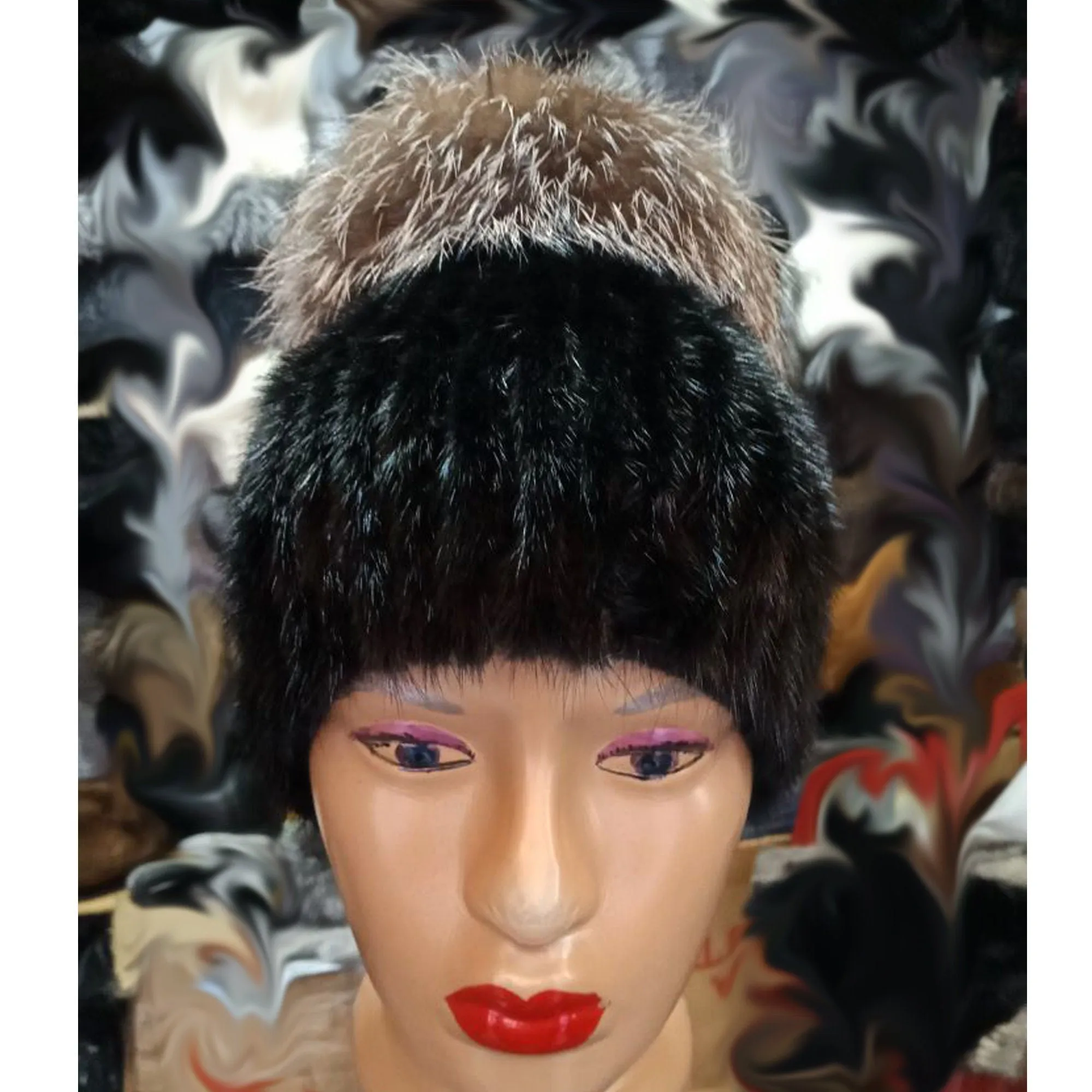 BY ORDER Women Mink and Silver fox Fur Hat, Mink Fur Hat, Stretchy Mink Fur hat, Double color Knit Fur Hat, Mink Fur Hat Large Pom Pom, Girl