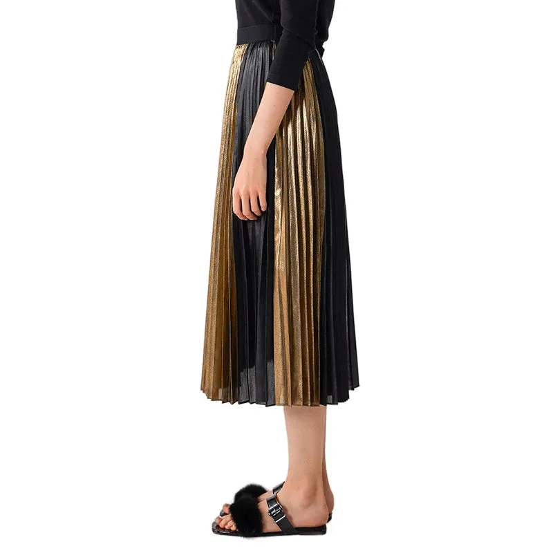 C027A Women metallic printed color-block full circle sunburst pleated evening midi skirt