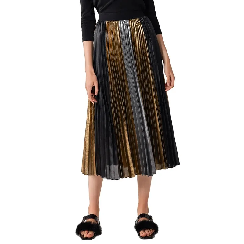 C027A Women metallic printed color-block full circle sunburst pleated evening midi skirt