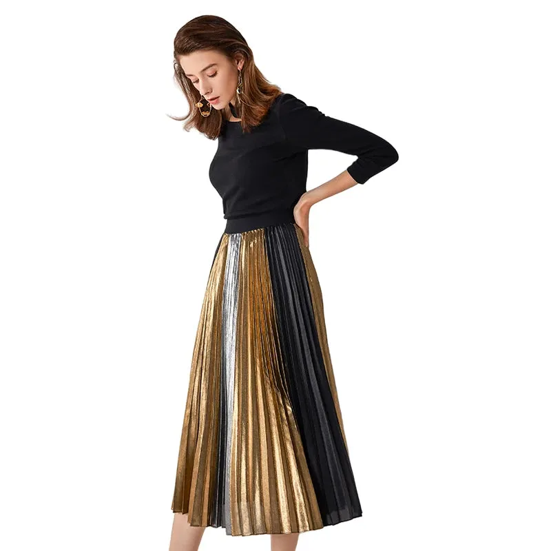 C027A Women metallic printed color-block full circle sunburst pleated evening midi skirt