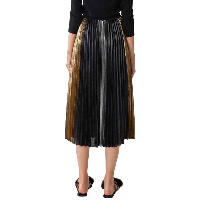 C027A Women metallic printed color-block full circle sunburst pleated evening midi skirt