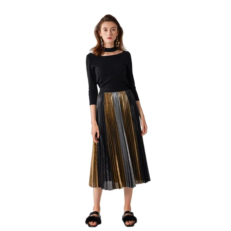 C027A Women metallic printed color-block full circle sunburst pleated evening midi skirt