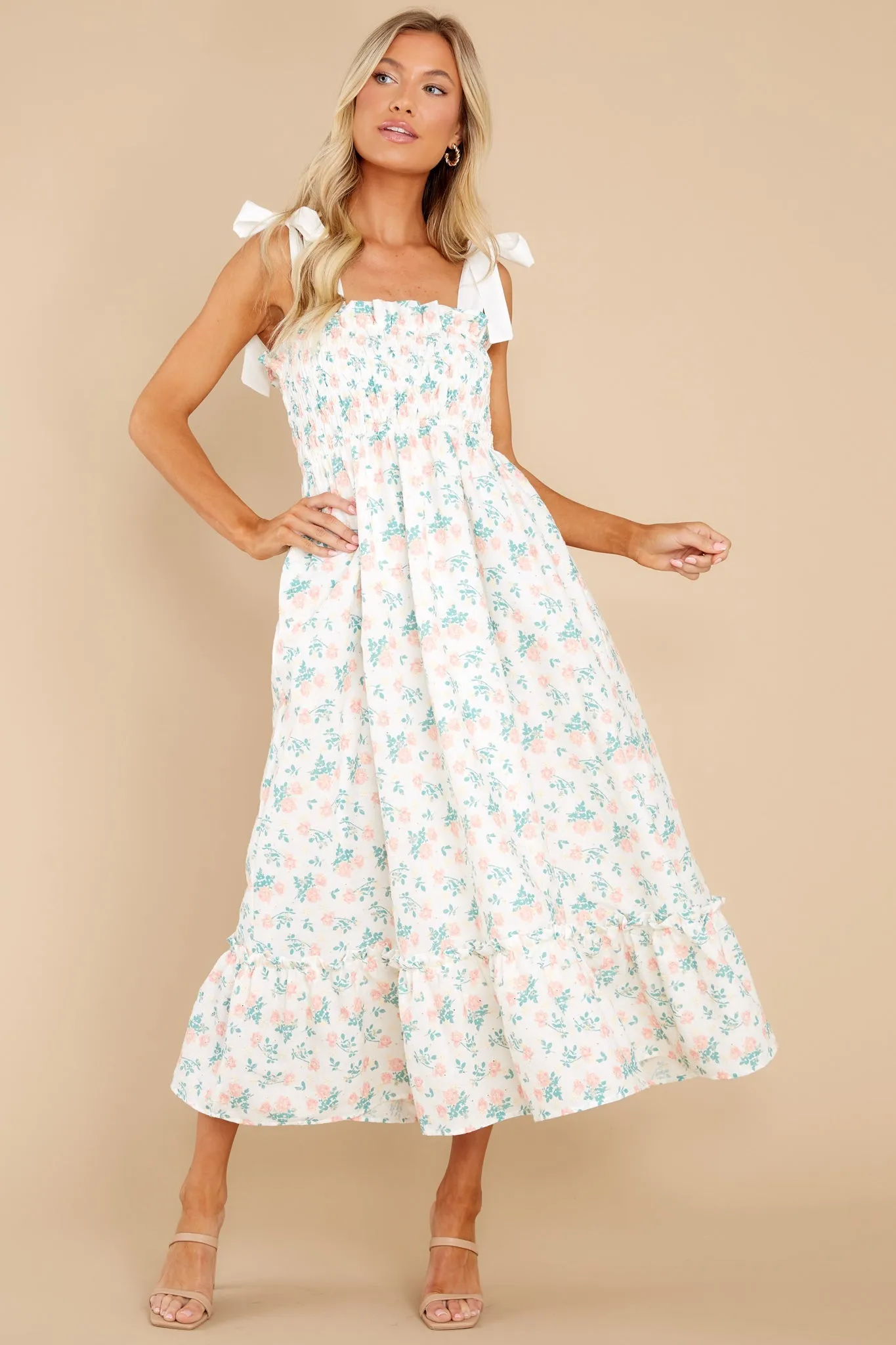 Camera Shy Peach Floral Print Cotton Midi Dress