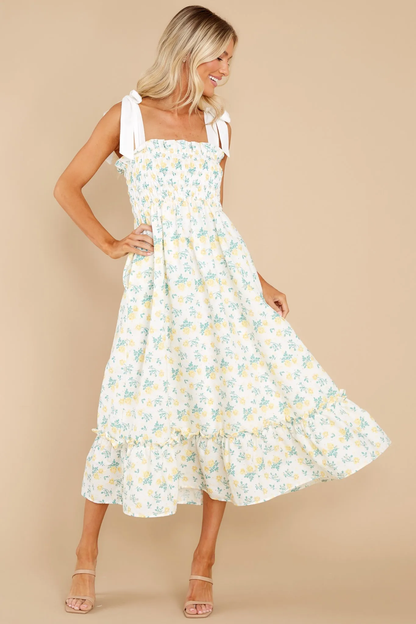 Camera Shy Yellow Floral Print Cotton Midi Dress