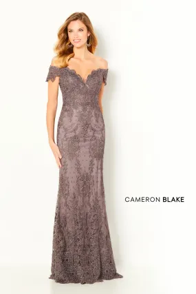 Cameron Blake 220631 Smoke V-Neck Off-Shoulder Corded Lace Fit-n-Flare Dress