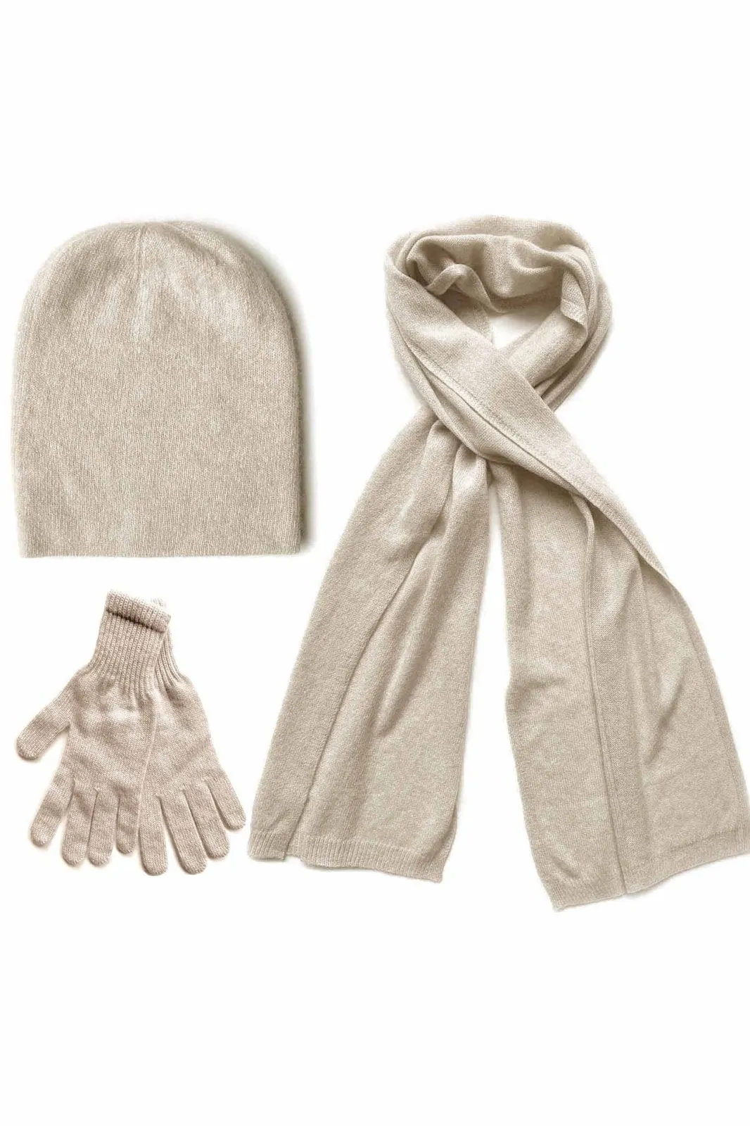 Cashmere hat, scarf and gloves set in beige