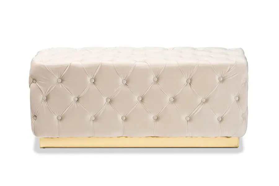 Cassandra Beige Velvet Fabric Upholstered/Gold PU Leather Ottoman