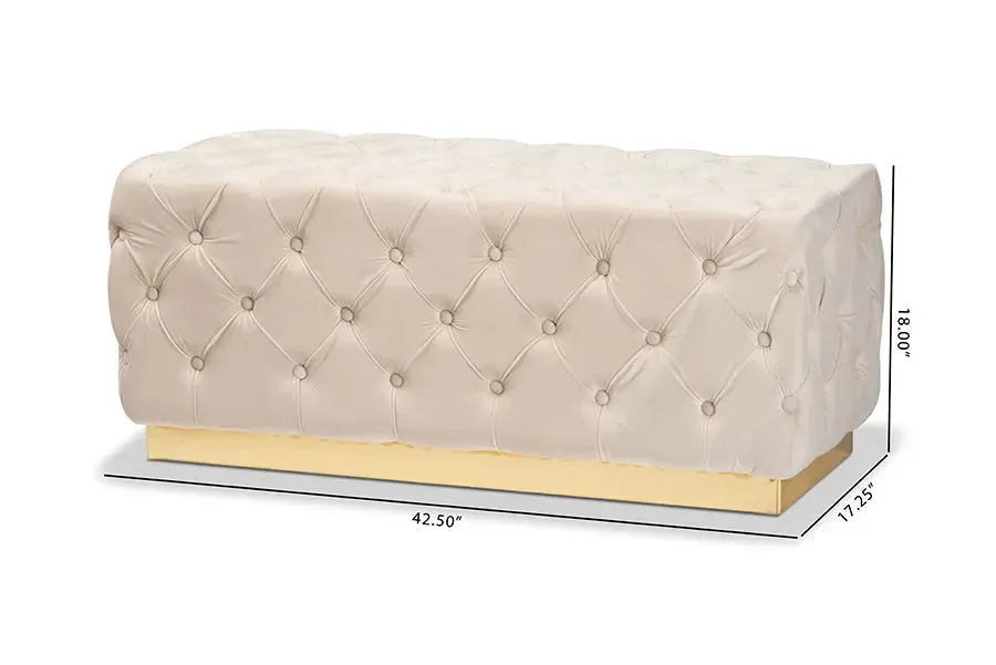 Cassandra Beige Velvet Fabric Upholstered/Gold PU Leather Ottoman