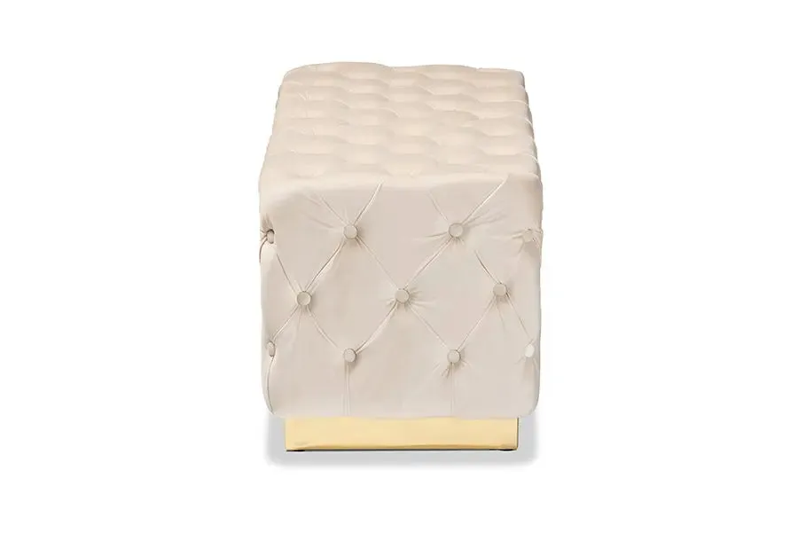 Cassandra Beige Velvet Fabric Upholstered/Gold PU Leather Ottoman