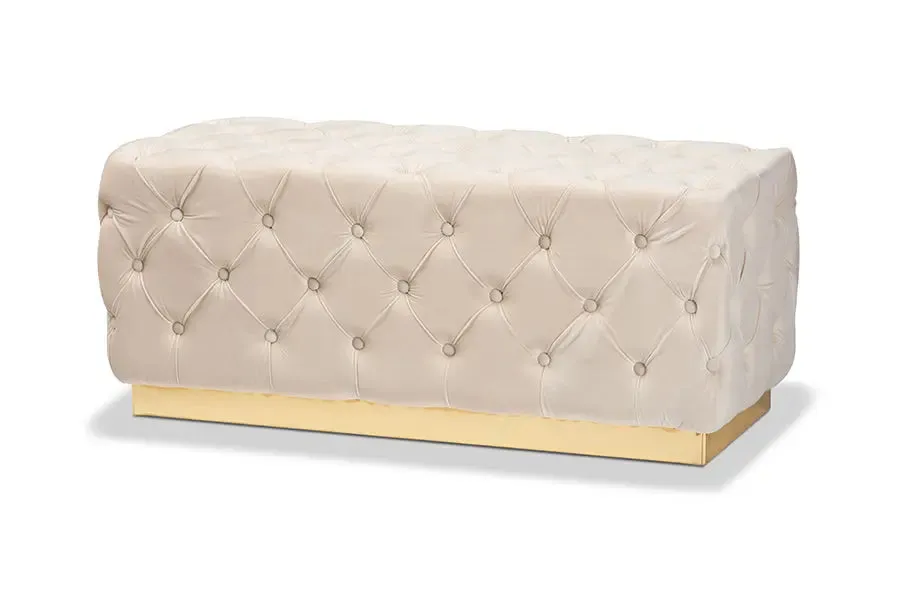 Cassandra Beige Velvet Fabric Upholstered/Gold PU Leather Ottoman