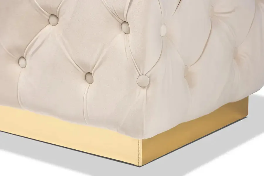 Cassandra Beige Velvet Fabric Upholstered/Gold PU Leather Ottoman