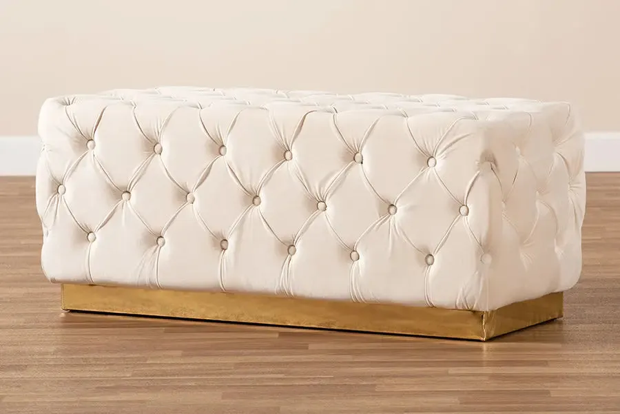 Cassandra Beige Velvet Fabric Upholstered/Gold PU Leather Ottoman