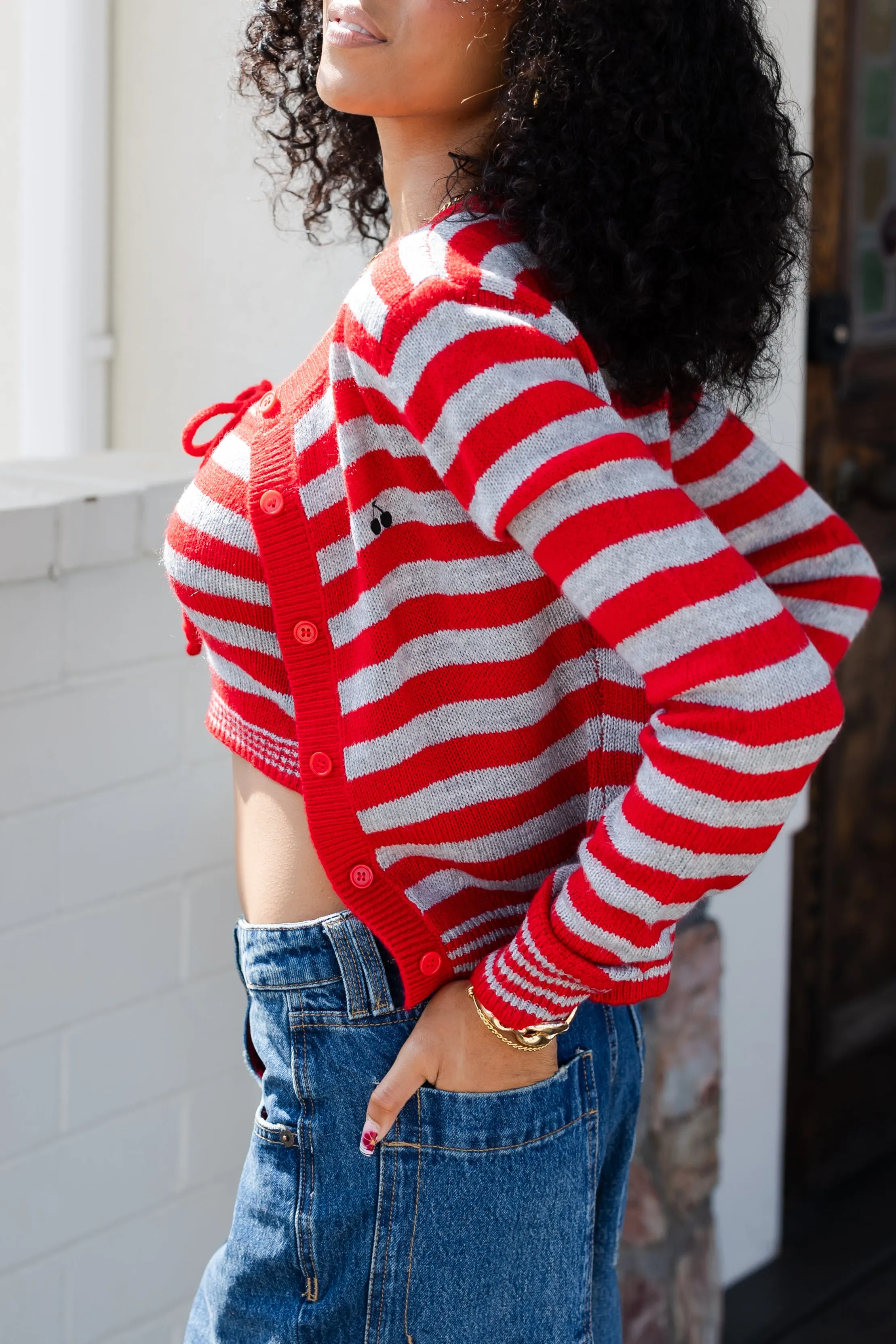 Cherry Embroidered Striped Cardigan