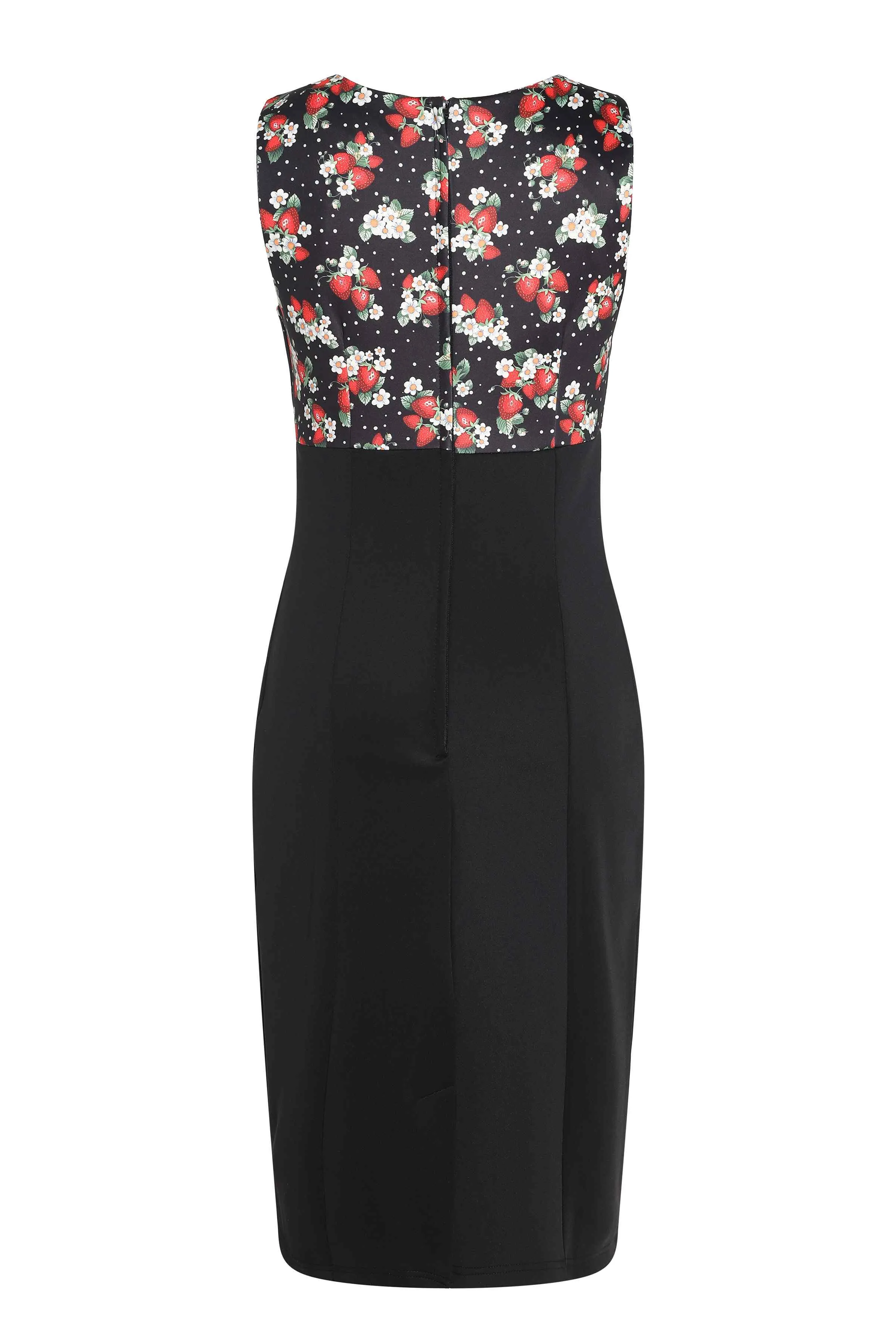 Cheryl Black Pencil Dress In Strawberry Print