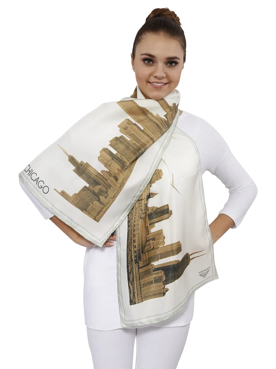 CHICAGO Skyline 100% Silk Oblong Scarf in Gold White