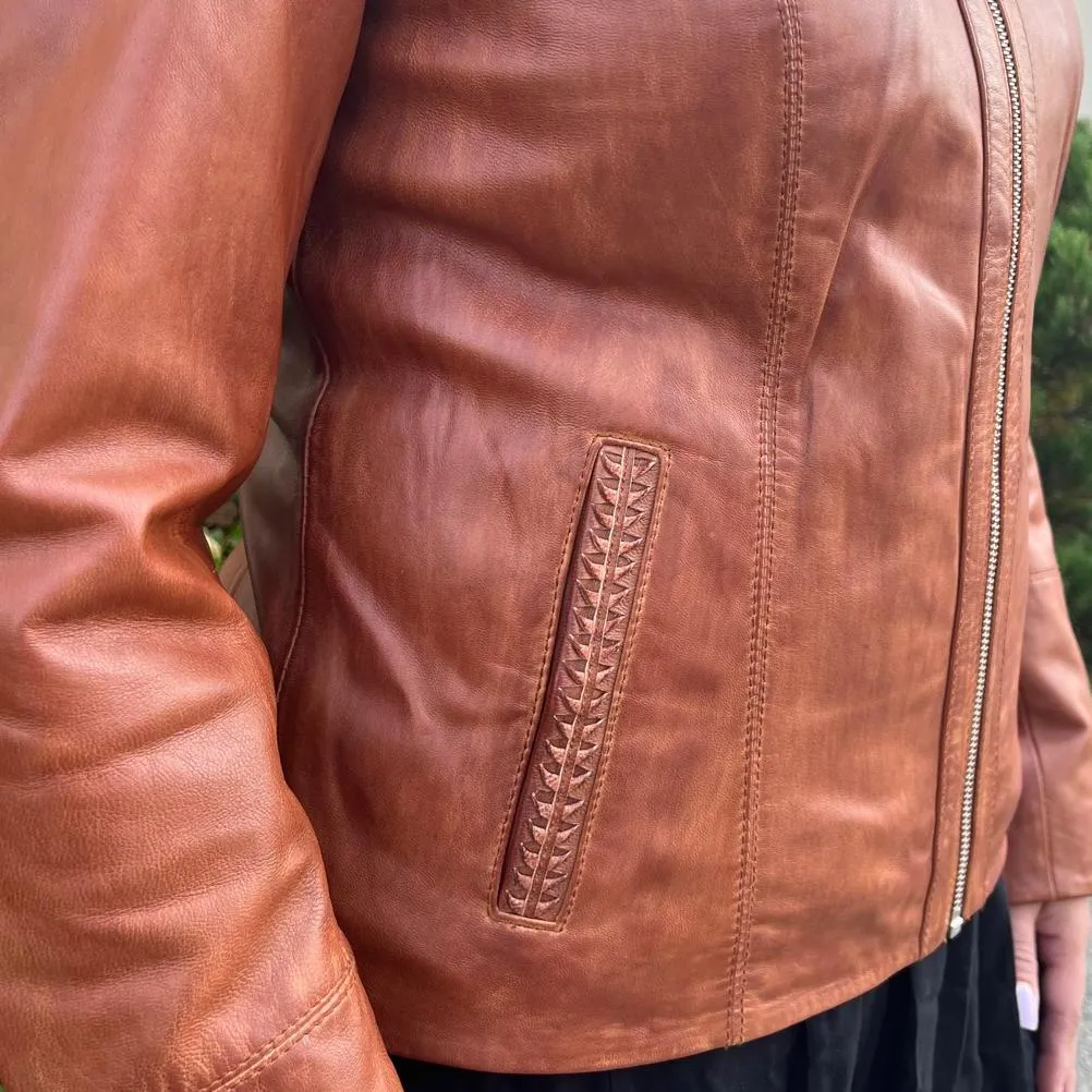 Classic Women's Lamb Leather Zip Jacket with Woven Pocket Design