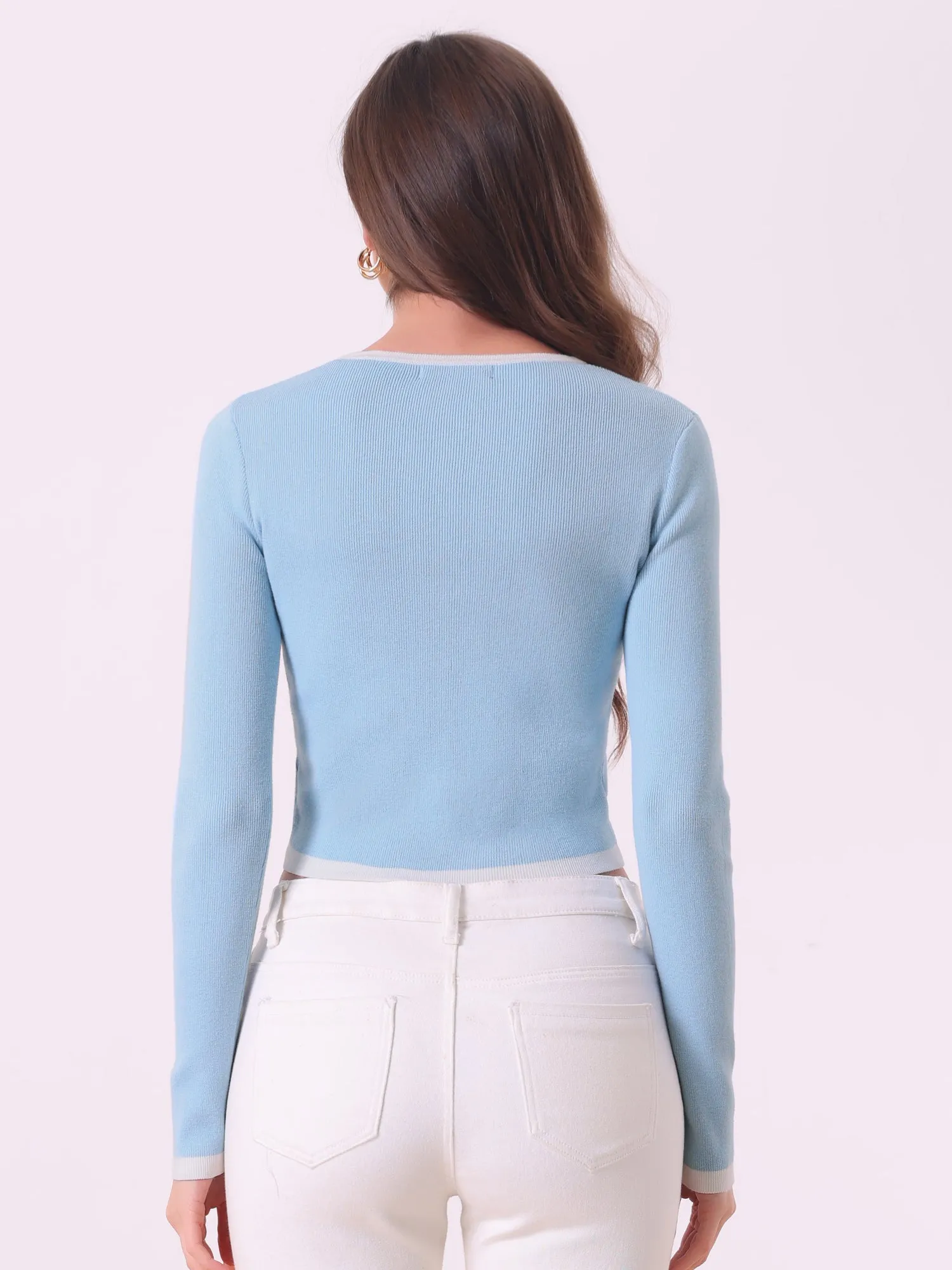 Contrast Ribbed Knit Round Neck Button Decor Crop Sweater Top