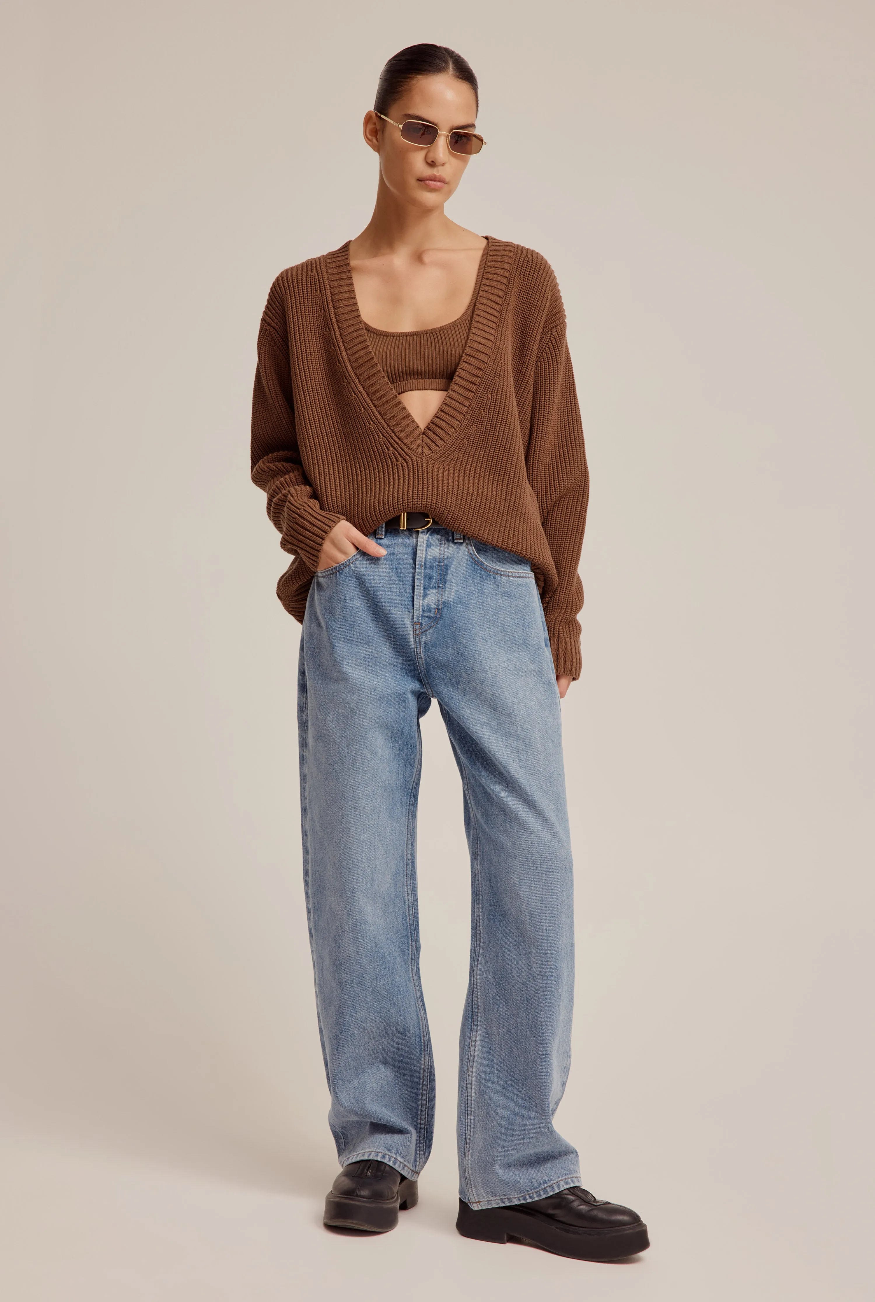 Cotton Deep V Neck Sweater - Cacao