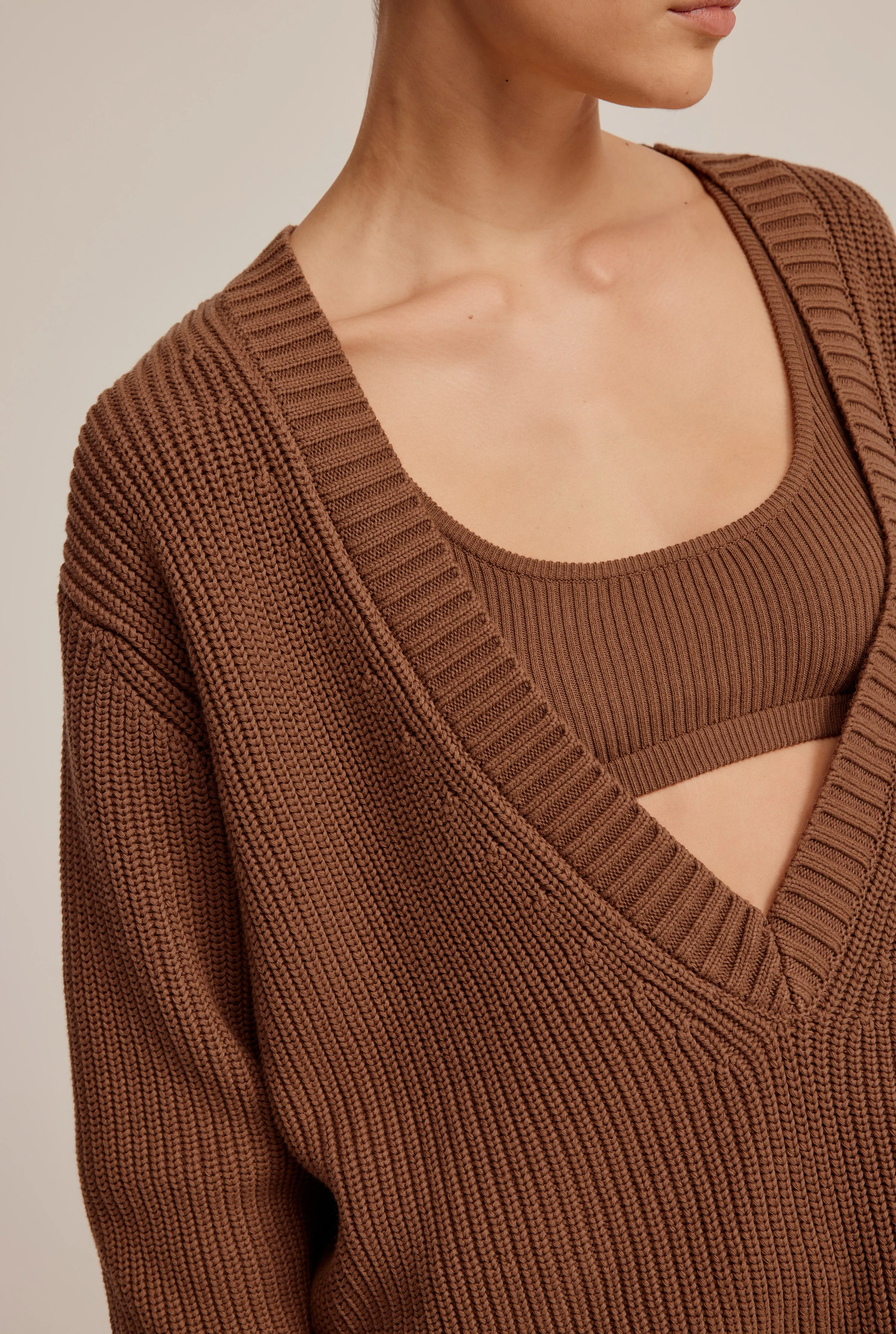 Cotton Deep V Neck Sweater - Cacao