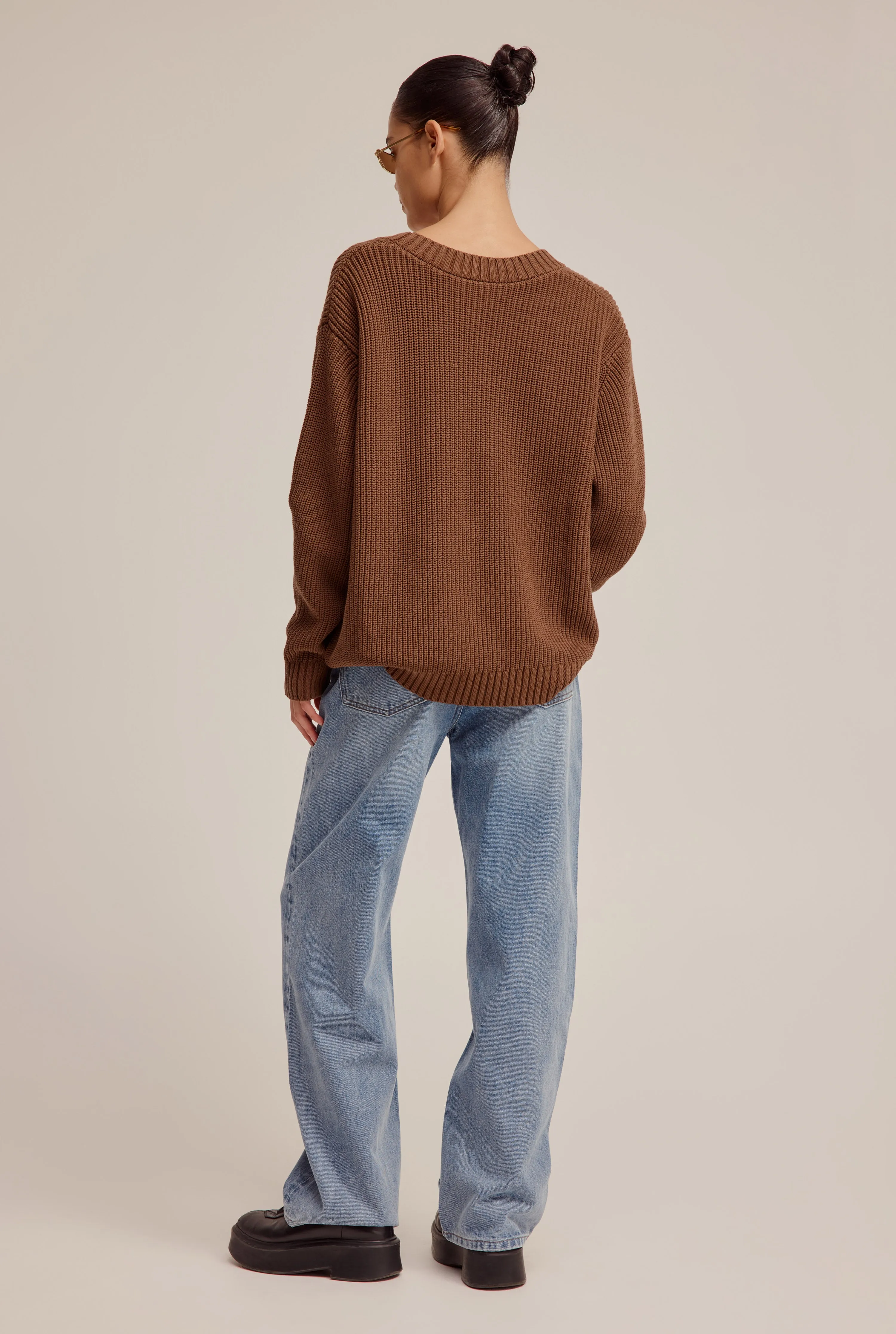 Cotton Deep V Neck Sweater - Cacao