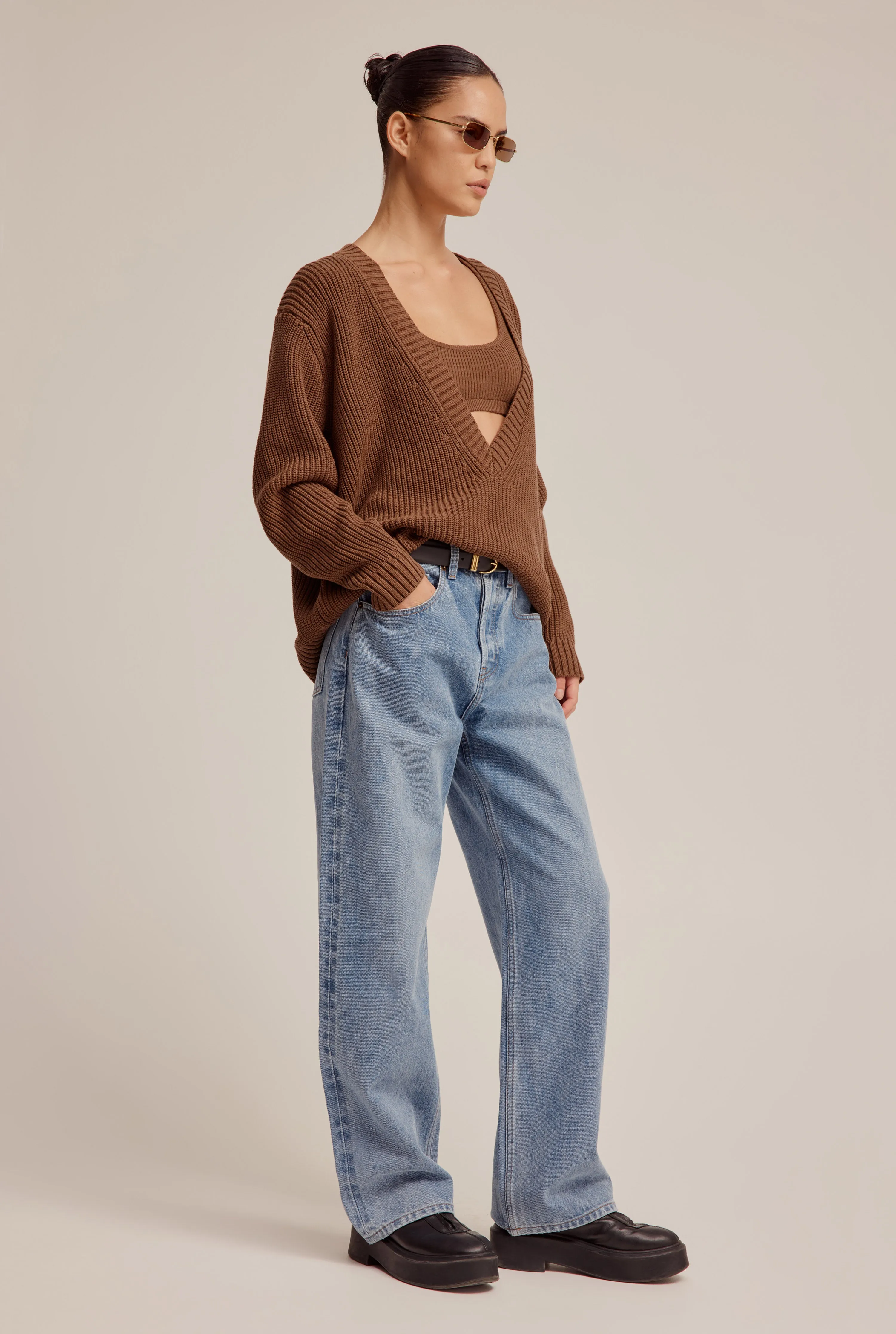 Cotton Deep V Neck Sweater - Cacao