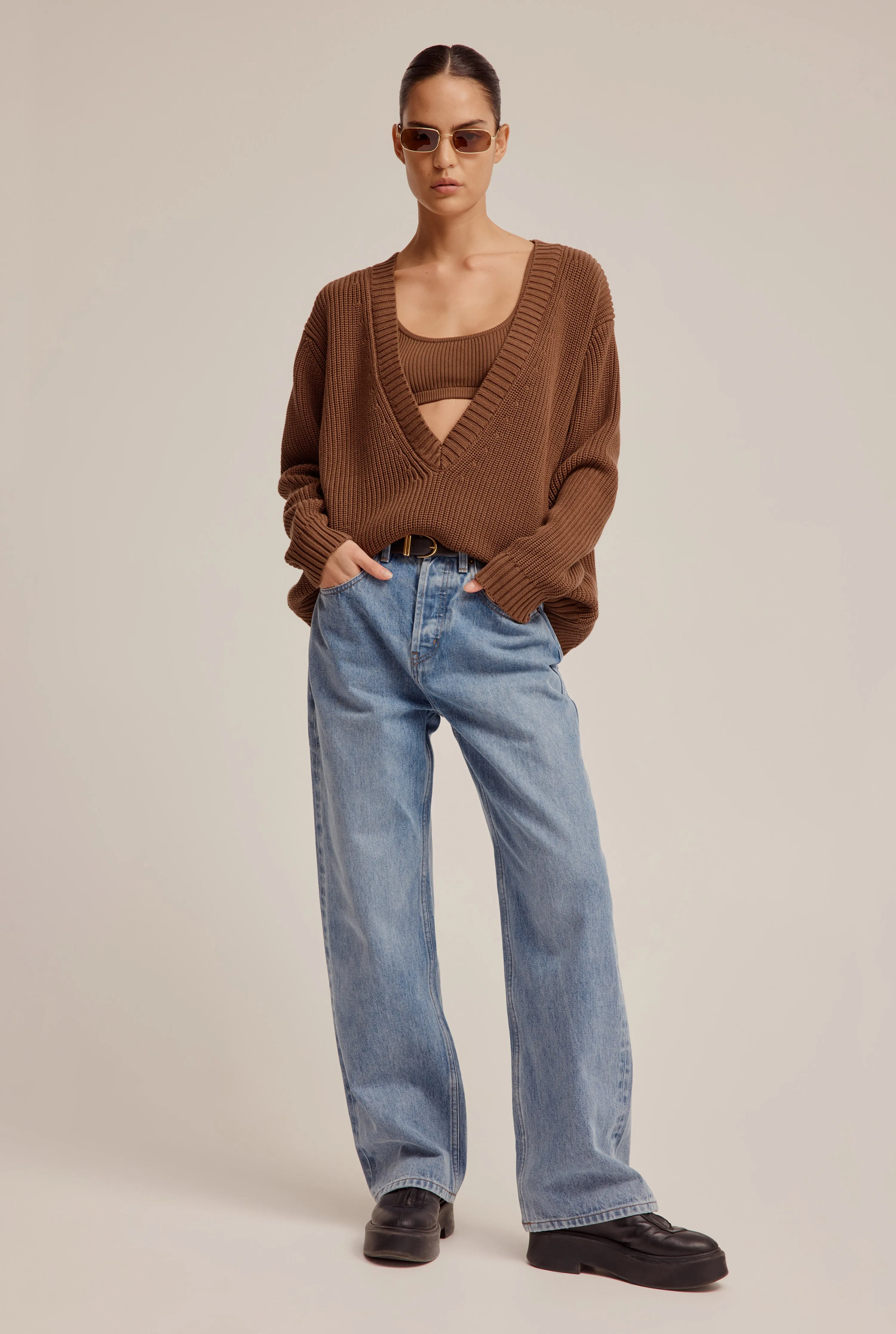 Cotton Deep V Neck Sweater - Cacao