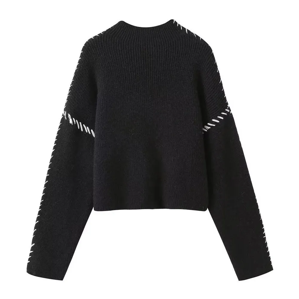 Cozy Stitch Embroidered High Neck Long Sleeve Ribbed Knit Black and White Sweater