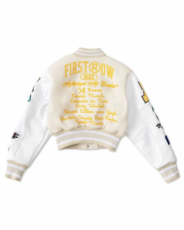 Cream Art Dealer Graphic Cropped Varsity Jacket