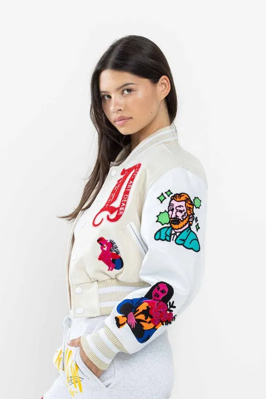 Cream Art Dealer Graphic Cropped Varsity Jacket