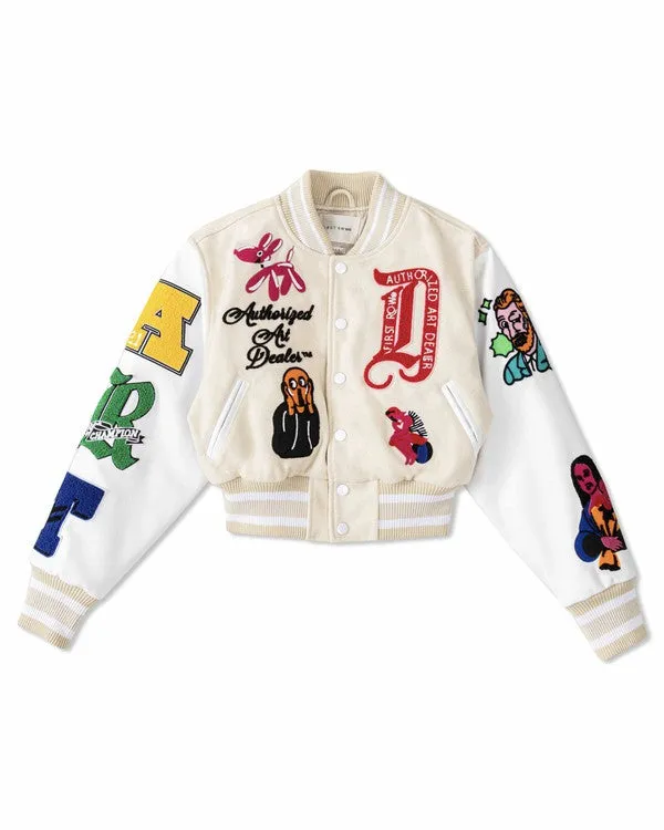 Cream Art Dealer Graphic Cropped Varsity Jacket