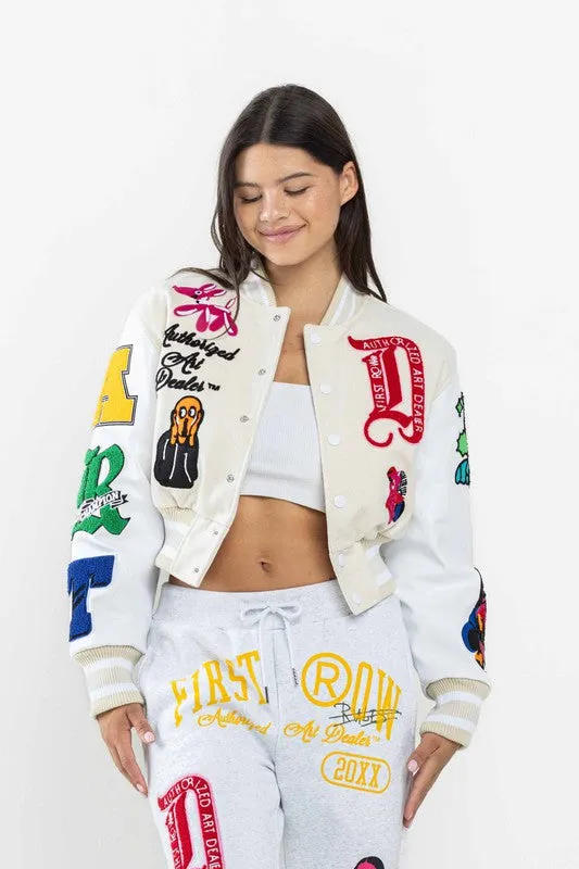 Cream Art Dealer Graphic Cropped Varsity Jacket