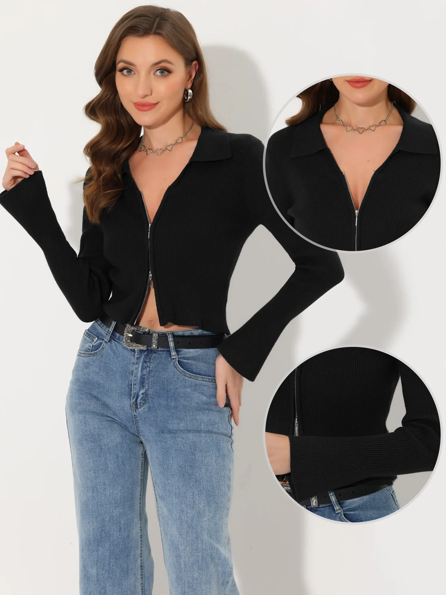 Crop Knit Shrug Zipper Up Bell Long Sleeve Collared Sweater Top