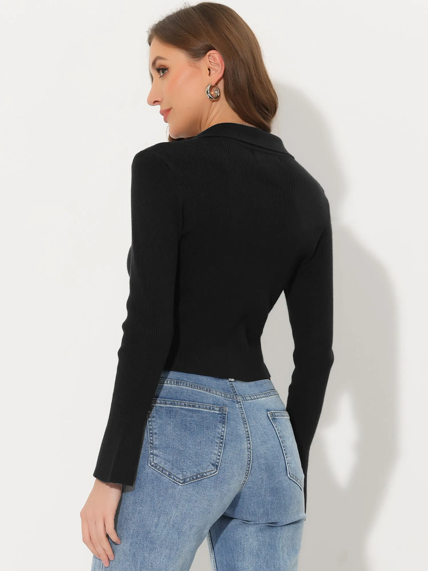 Crop Knit Shrug Zipper Up Bell Long Sleeve Collared Sweater Top