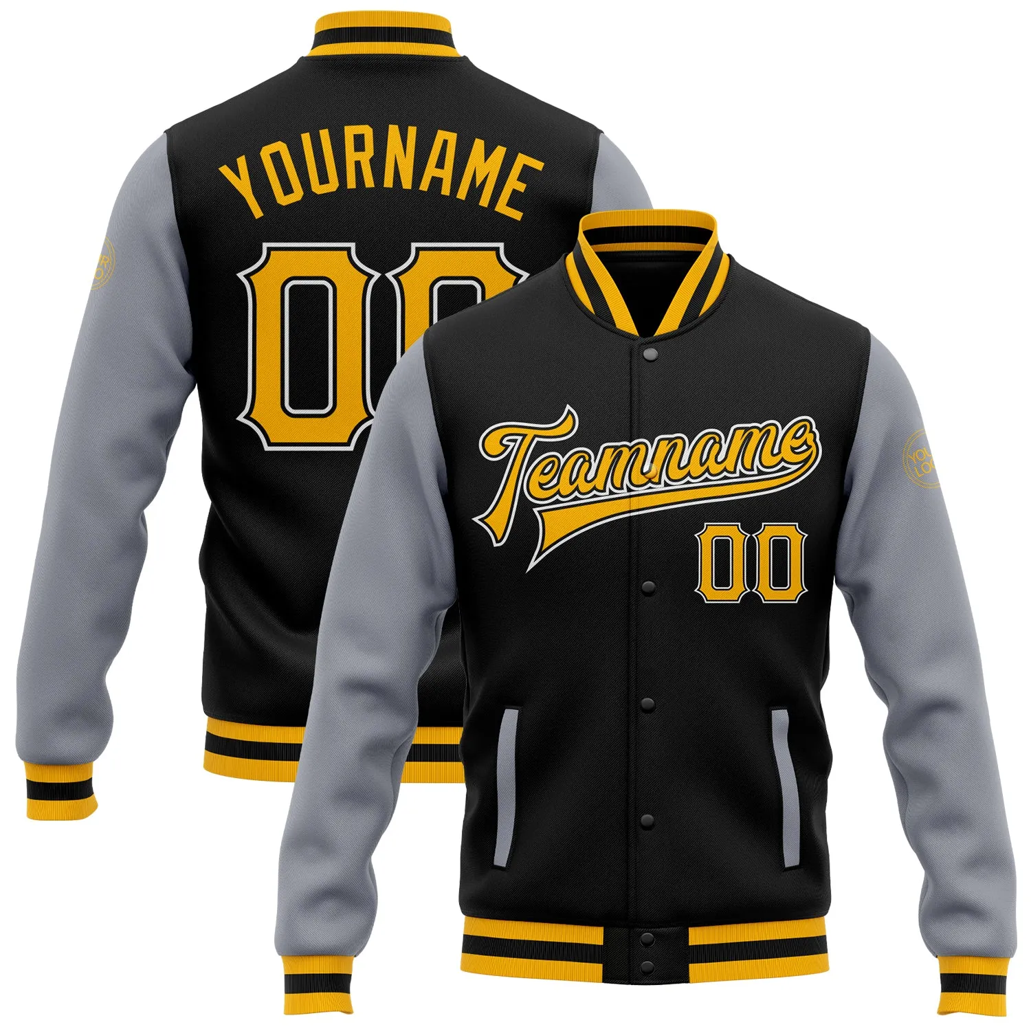 Custom Black Gold-Gray Bomber Full-Snap Varsity Letterman Two Tone Jacket